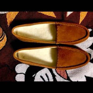 Camel/brown suede moccasins, size 7.